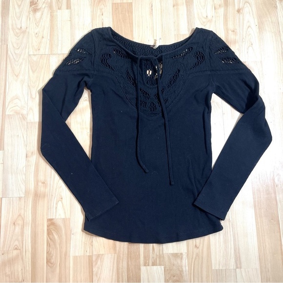 Free People Black Embroidered Yoke Stretch Cotton Tee, Medium Womens - Picture 2 of 6